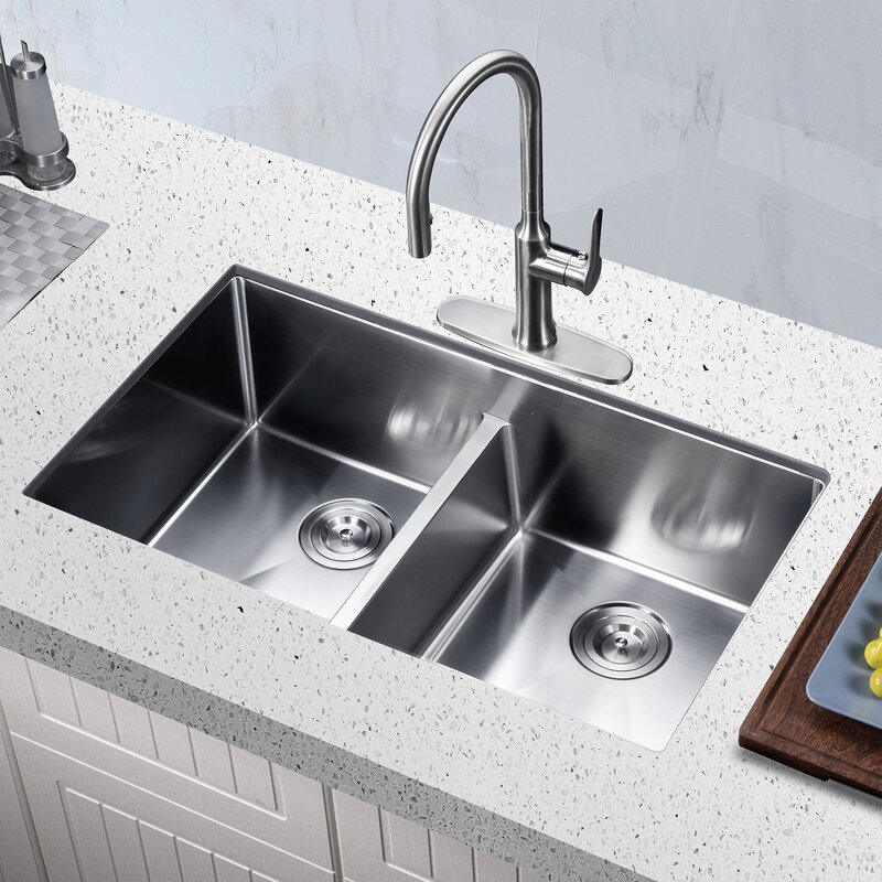Koozzo Low-Divide Stainless Steel 32" x 19" Double Basin Undermount Stainless Steel Undermount Kitchen Sink Low Divide